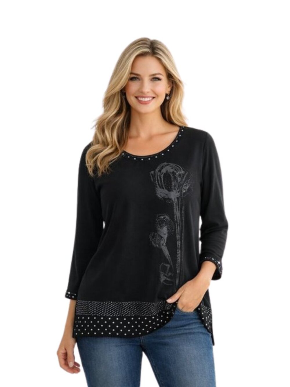 Variations Black Floral Silhouette Polka Dot Blouse Top Size Large